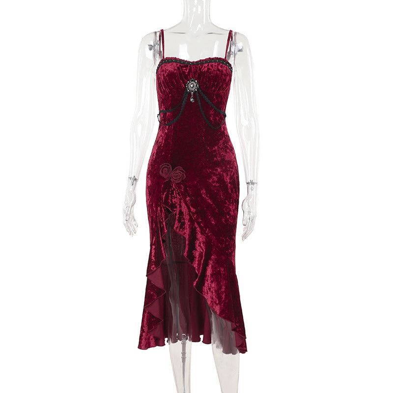 Sexy Long Dress with Ruffled Lace, Dark Gothic Style for Women
