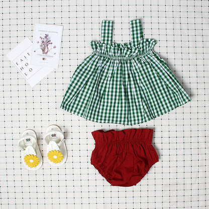 Plaid Sleeveless Sling Top Bread Pants Girls Set