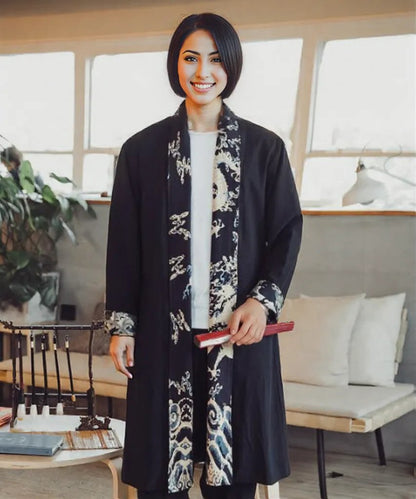 Unisex Dark Blue Casual Stitching Printed Linen Cloak Plus Size Windbreaker