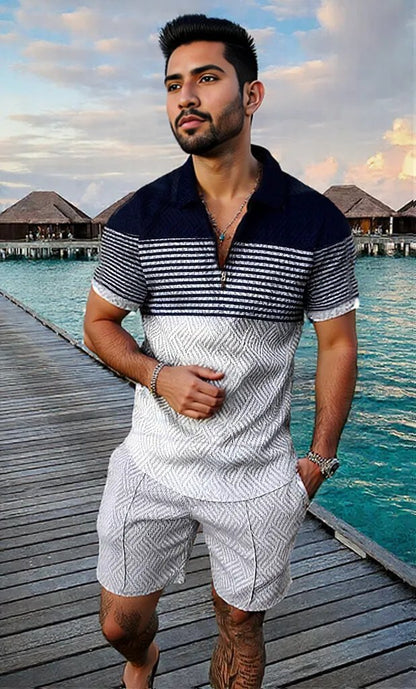 Men's Summer Fashion 3D Printed Short Sleeve Geometric Zip Lapel Shirt Set