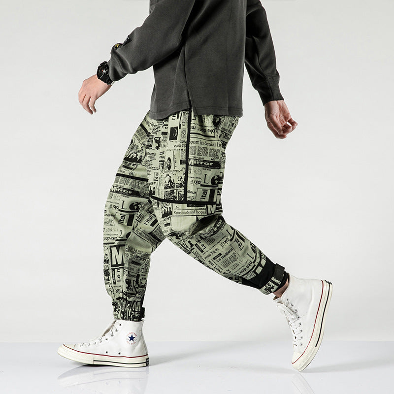 Tide brand hip hop newspaper pants men and women pants ins the same paragraph street loose beam pants national tide