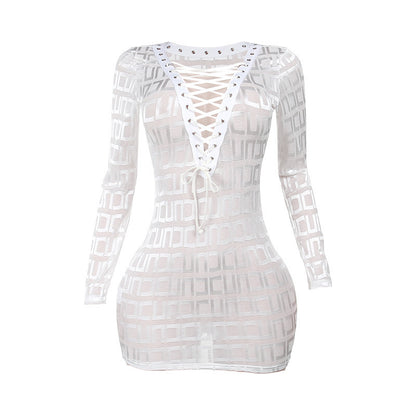 Sexy Hot Girl Long Sleeve Deep V Sexy Mesh Tied Dress