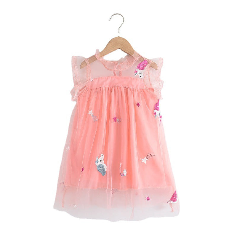 Summer Cute Princess Style Children's Dress With Embroidery Mesh