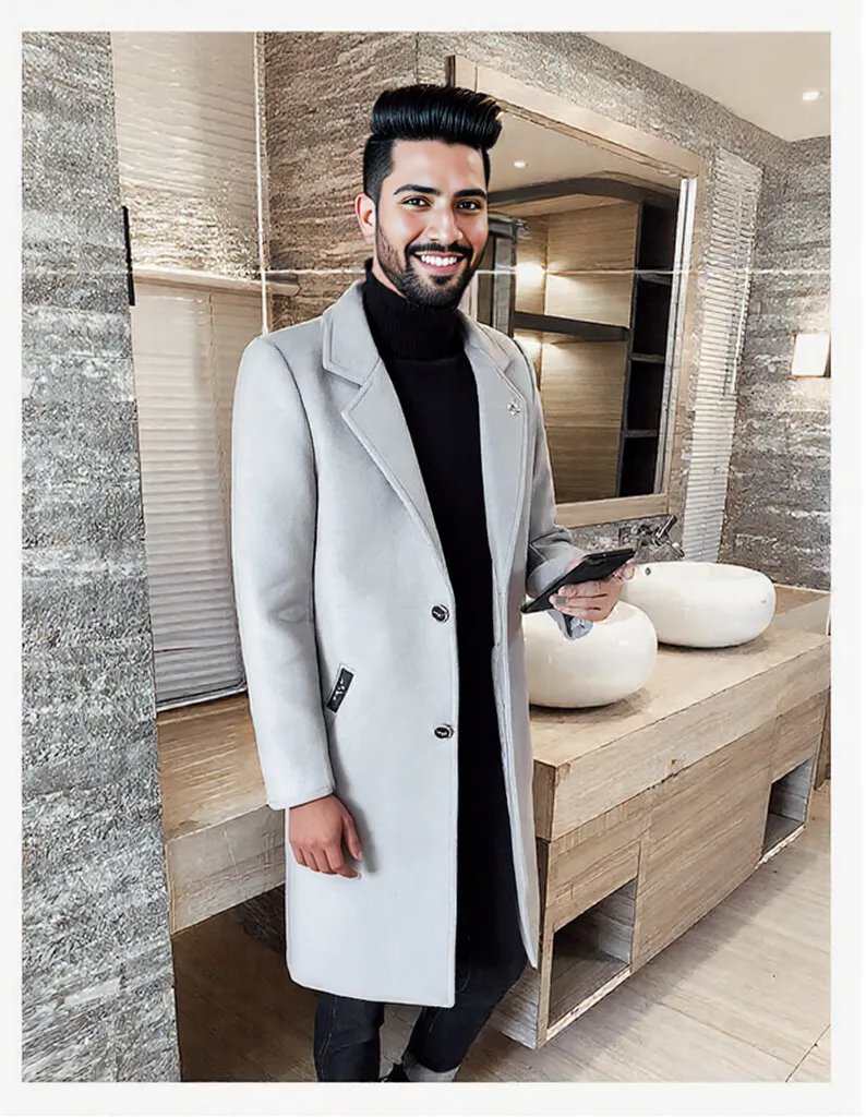 Black fashionable Winter men's long overcoat