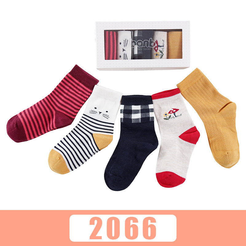 Five pairs of breathable cartoon baby socks in autumn and winter