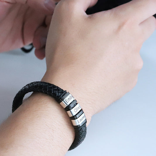Personalized Men Name Leather Bracelet Black Woven