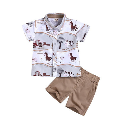 Summer boys and girls suit cartoon printed shirt solid color shorts suit