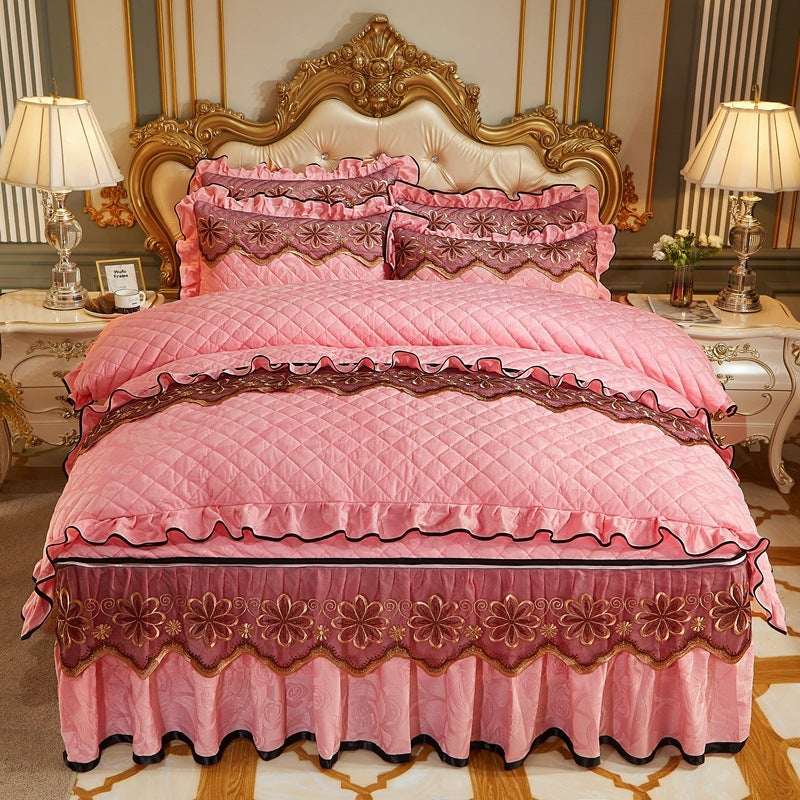 European Style Velvet Quilted Bed Skirt Four-Piece Suit