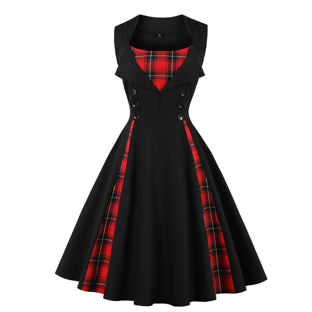 Plus Size Women's Sleeveless Simple Plaid Retro Dress