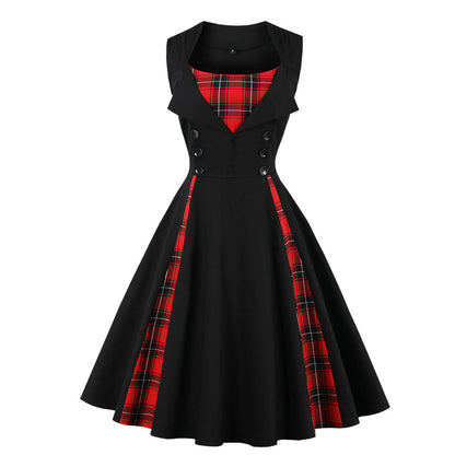 Plus Size Women's Sleeveless Simple Plaid Retro Dress