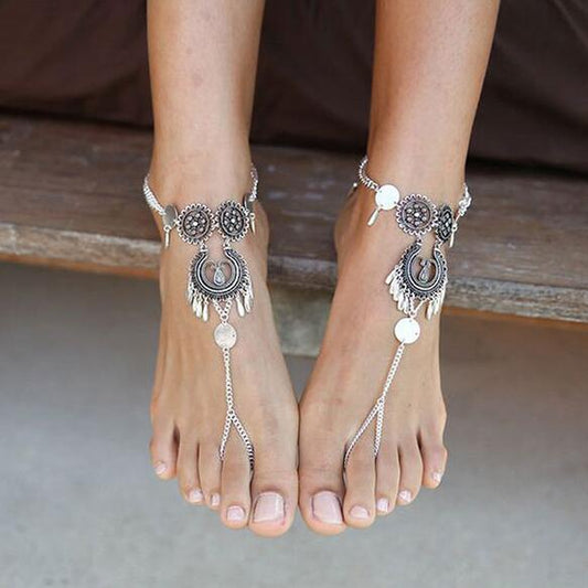 Bohemian Jewelry Antique Silver Color Hollow Flower Chain Anklets Beach Barefoot Sandals Foot Jewelry - FLIPSTYLEZLLC