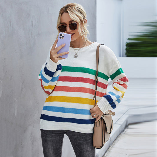 Women's plus size striped stitching knitted sweater