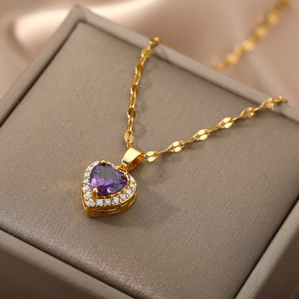 Heart Of Europe And America Ocean Necklace Heart Purple Zircon Pendant Heart Collar Chain