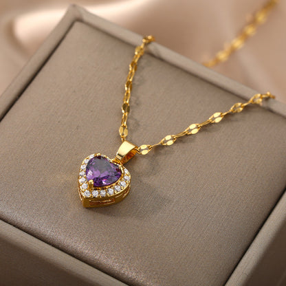 Heart Of Europe And America Ocean Necklace Heart Purple Zircon Pendant Heart Collar Chain