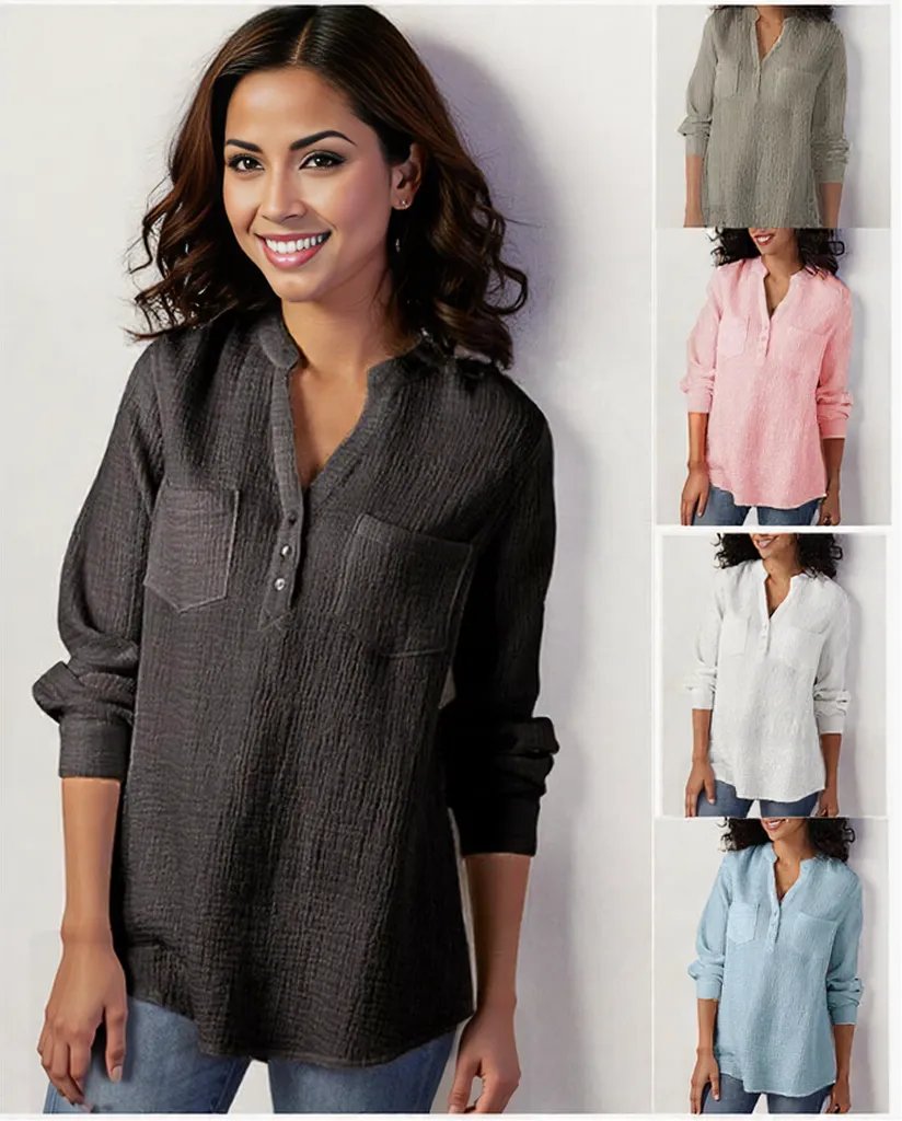 Sexy new double top Pockets cotton and linen loose plus size top for Women