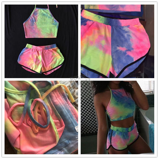 Open-back umbilical tie-dye sling two-piece