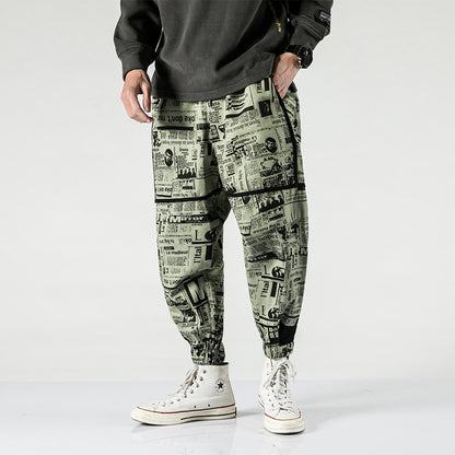 Tide brand hip hop newspaper pants men and women pants ins the same paragraph street loose beam pants national tide