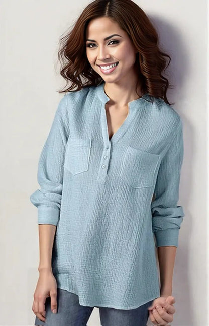 Sexy new double top Pockets cotton and linen loose plus size top for Women