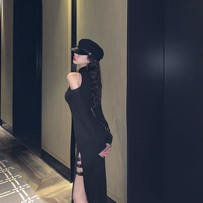 Sexy off-the-shoulder long-sleeved slim-fitting slim high split dress dark girl long cheongsam