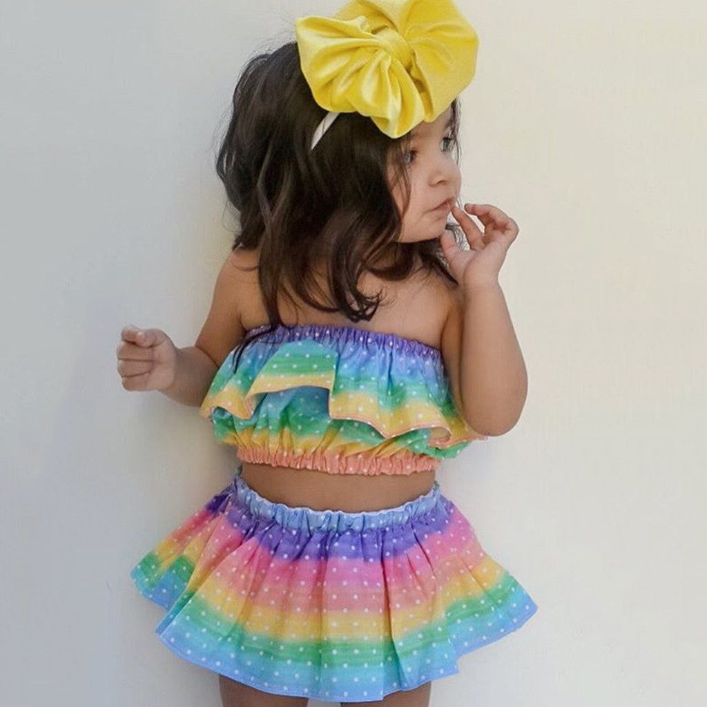 Summer fashion girl sleeveless rainbow three-piece suit