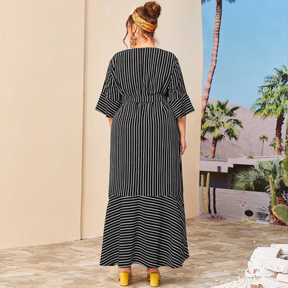 Plus size round neck striped dress