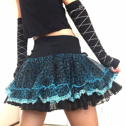 Tight Waist Leopard Print Lace Bow Umbrella Skirt A-Line Skirt Women