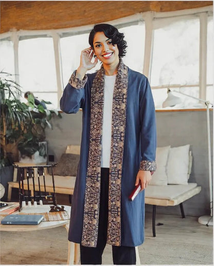 Unisex Dark Blue Casual Stitching Printed Linen Cloak Plus Size Windbreaker