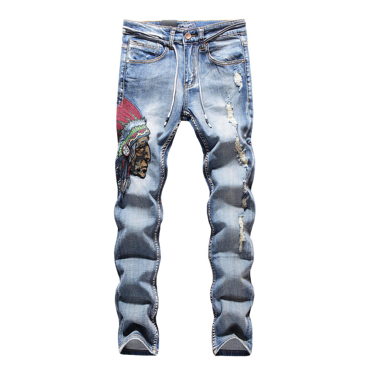Trendy Urban streetwear Embroidered Frayed Men's Blue Jeans