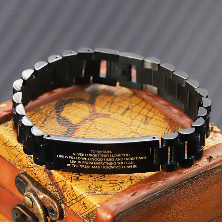 New Style Stainless Steel Black Strap Lettering Bracelet