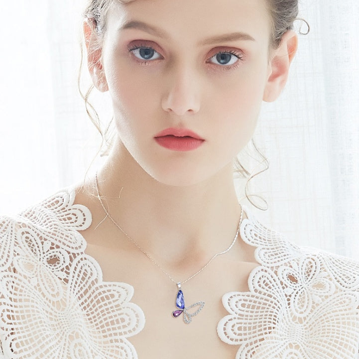 CDE Crystals from  Necklace Women Pendants S925 Sterling Silver Jewelry Blue Purple Butterfly Austrian Rhinestone New