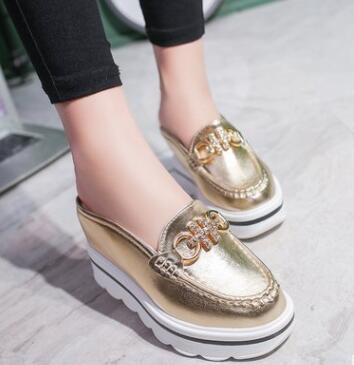 Summer new product 2021 Baotou high-heeled slippers female wedge with thick bottom half drag inside increased muffin sandals fashion women's shoes