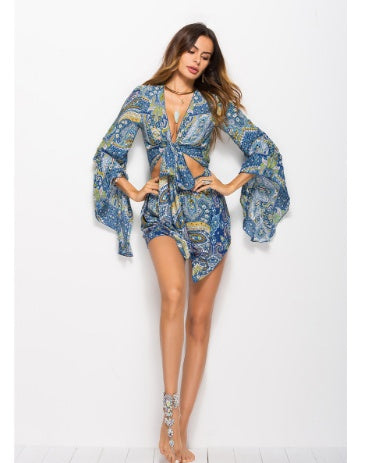 Spring and summer Amazon AliExpress new women's European and American leisure holiday wind print jumpsuit shorts