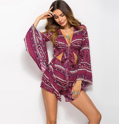 Spring and summer Amazon AliExpress new women's European and American leisure holiday wind print jumpsuit shorts