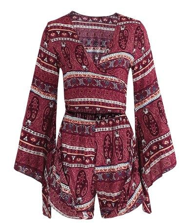 Spring and summer Amazon AliExpress new women's European and American leisure holiday wind print jumpsuit shorts