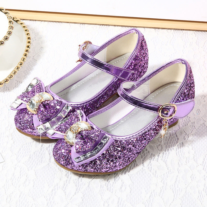 Girls High Heel Shoes Rhinestone Bow Princess Shoes
