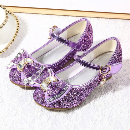 Girls High Heel Shoes Rhinestone Bow Princess Shoes