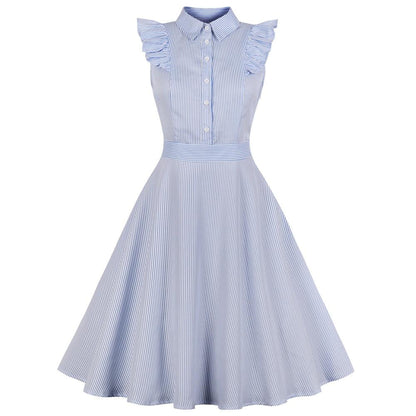 Plus size women's striped ruffled slim retro dress