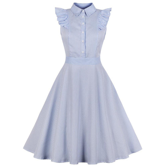 Plus size women's striped ruffled slim retro dress