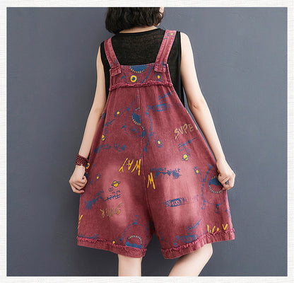 Retro Fashion Print Loose Denim Strap Shorts For Women