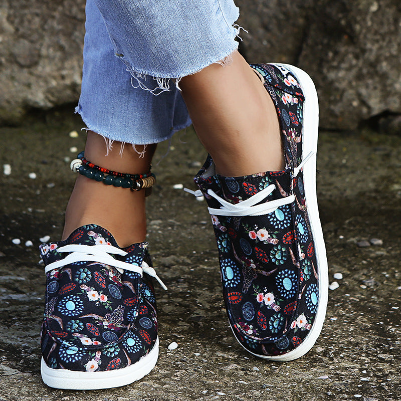 Loafers Women Sunflower Print Flats Casual Canvas Shoes Non-lace Lazy Shoes - FLIPSTYLEZLLC