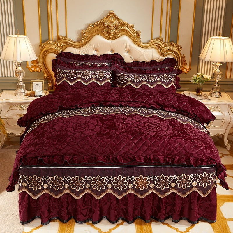 European Style Velvet Quilted Bed Skirt Four-Piece Suit