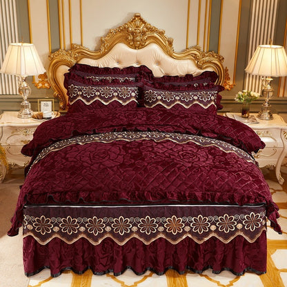 European Style Velvet Quilted Bed Skirt Four-Piece Suit