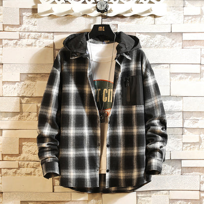 Men's Japanese Plus Size Casual Original Detachable Hooded Plaid Shirt