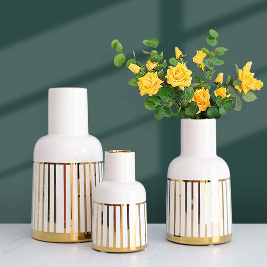 Gold-Plated Ceramic Vase Ornaments Golden Stripes Green Plant Hydroponic Flower Device