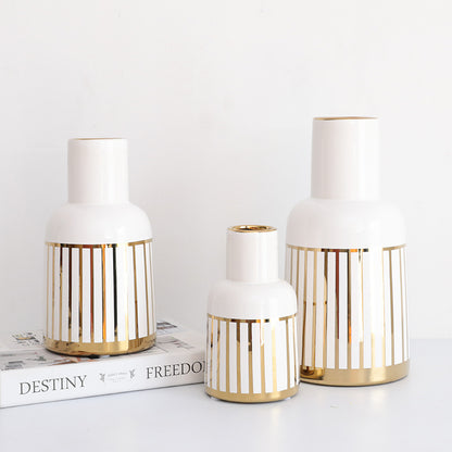 Gold-Plated Ceramic Vase Ornaments Golden Stripes Green Plant Hydroponic Flower Device