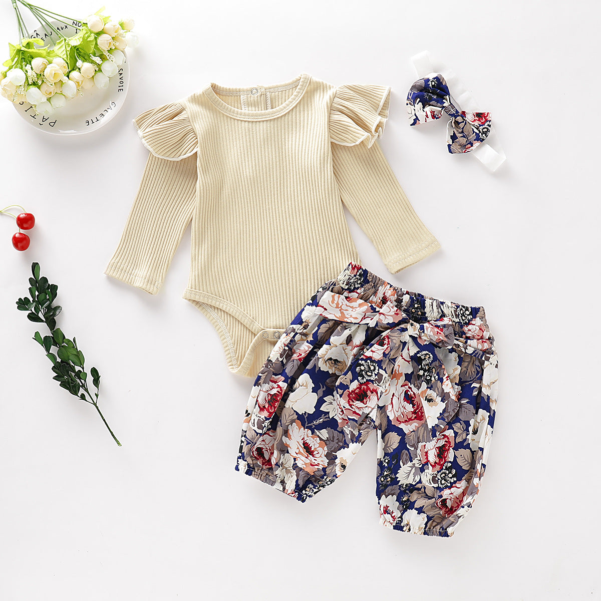Cross-Border Children's Apricot Pit Strip Long-Sleeved Flower Printed Trousers Three-Piece Set