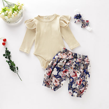 Cross-Border Children's Apricot Pit Strip Long-Sleeved Flower Printed Trousers Three-Piece Set