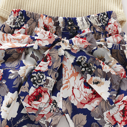 Cross-Border Children's Apricot Pit Strip Long-Sleeved Flower Printed Trousers Three-Piece Set