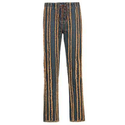 Mid-Rise Fashion Jeans With Raw Edges And Straps