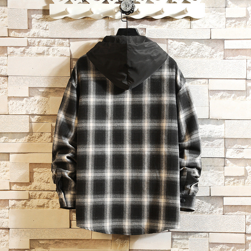 Men's Japanese Plus Size Casual Original Detachable Hooded Plaid Shirt